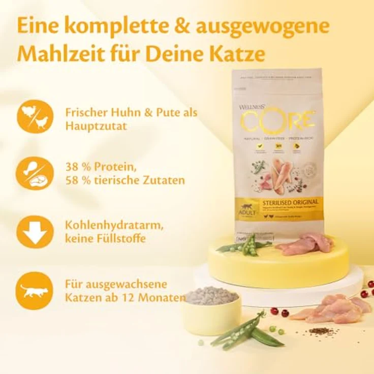 Wellness CORE Sterilised Original, Katzenfutter trocken für sterilisierte Katzen, Pute & Huhn, 4 kg, getreidefrei, ohne Zuckerzusatz, hoher Fleischanteil, zur Haarballenprävention – Bild 3