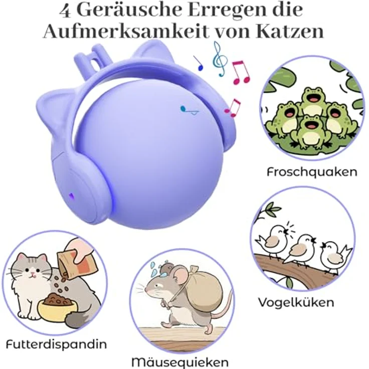 GoldenSun Automatischer Katzenspielzeugball mit Federschwanz, Bewegungsaktiviert, Zwitschernd, Wiederaufladbar über USB, Lila – Bild 4