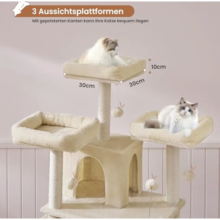 MSmask Kratzbaum groß XXL, stabil mit 3 Aussichtsplattformen und 2 Höhlen, Sisalsäulen, beige – Bild 3