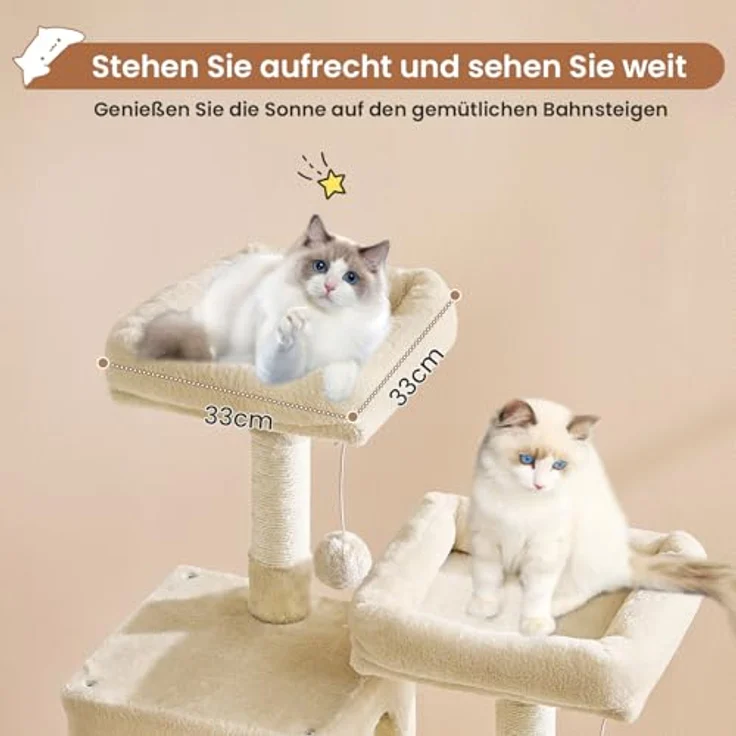MSmask Kratzbaum groß, L Katzenbaum Stabil, Katzenkratzbaum mit 2 Plattformen, 2 Katzenhöhlen, Hängematte, Sisalsäulen, mehrstöckiger Kletterbaum für Katzen (Beige, 160 cm) – Bild 4