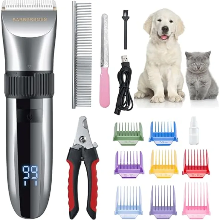BarberBoss Kabelloser Haustier-Fellpflege-Clipper QR-9082, Keramikklingen, LED-Display, 180 Minuten Akkulaufzeit, wasserdicht für Nass- und Trockenanwendung