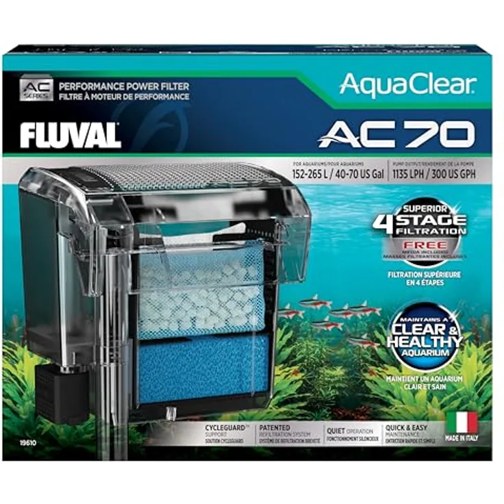 Fluval AquaClear AC70, Hochleistungsfilter für Aquarien 152–265 l, 4-stufige Filterung, CycleGuard Technologie