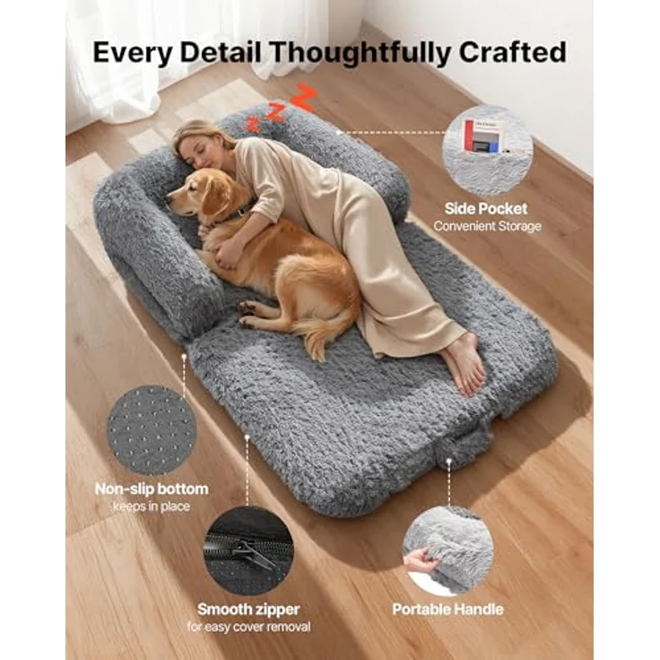 VEVOR Hundebett in Menschengröße, 181x111x24cm, Memory-Schaum mit abnehmbarem, waschbarem Bezug, Hochflor, Dunkelgrau, Seitentasche und Griff – Bild 4
