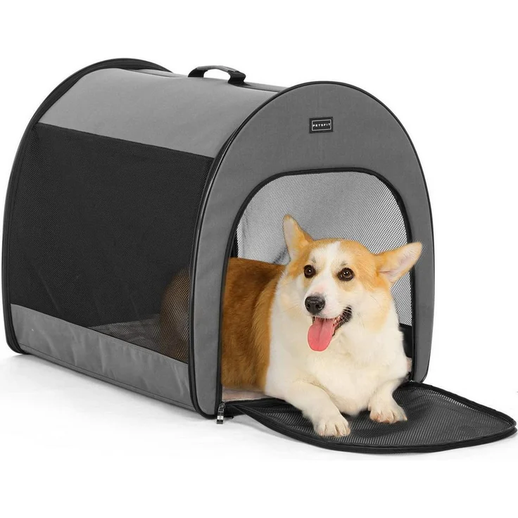 LuxusKollektion Hunde-Transportbox PopUp Hundetrage grau, 76 cm, L 57 x B 57 x H 77 cm, faltbar mit atmungsaktiven Belüftungsnetzen und abnehmbarer Matte