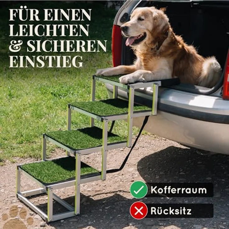 PRIORPET Hundetreppe Auto Klappbar, 4 Stufen, bis 77kg, Anti-Rutsch Kunstrasen mit leuchtender Leitmarkierung, gelenkschonend, faltbar für kleine Wagen und Kombis – Bild 2