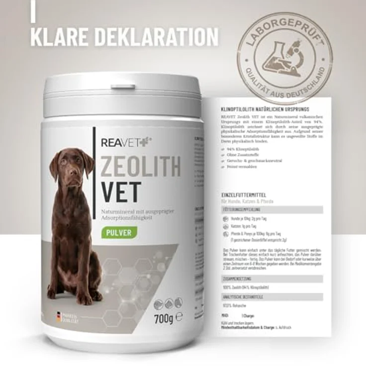 REAVET Zeolith VET 700g, mineralische Ergänzung für Hunde, Katzen & Pferde, unterstützt die Verdauung, 94% Klinoptilolith, geruchs- & geschmacksneutral, fein vermahlen – Bild 7