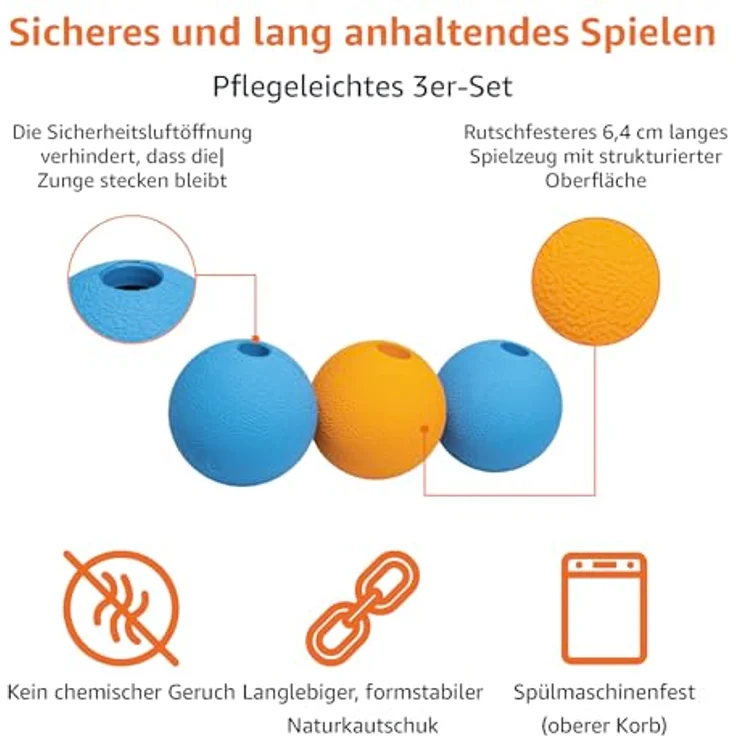 Amazon Basics Supreme Gummibälle für Hunde, 6.35 cm, strapazierfähiger Naturkautschuk, 3 Stück, Blau/Orange – Bild 2