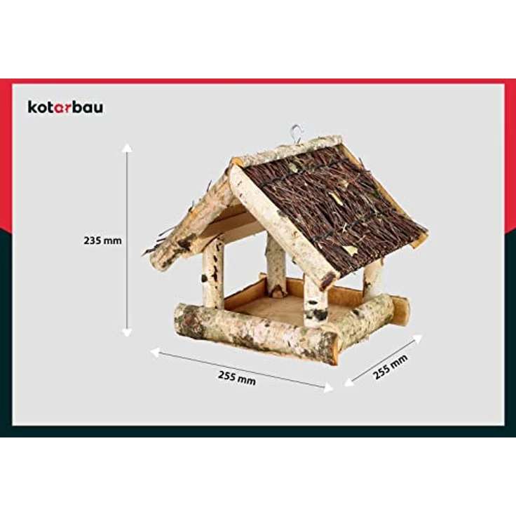 KOTARBAU® Vogelhaus aus Holz, Futterhaus Braun für Vögel, 25,5 x 25,5 x 23,5 cm, wetterfest mit Dach zum Aufhängen – Bild 4