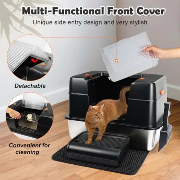 Vivifying XL Katzenklo Edelstahl mit Deckel, geruchsresistent, leicht zu reinigen, rostfreier Stahl mit Trittschutz, Schaufel und Matte (Schwarz) – Bild 5