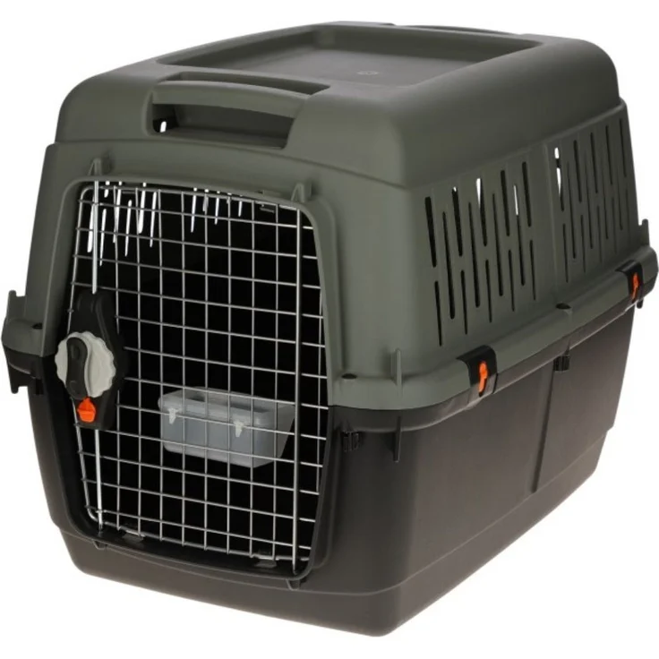 Kerbl Tiertransportbox Transportbox 92 cm x 64 cm x 67,5 cm 25 kg - 50 kg 80564, aus Kunststoff, IATA-konform, mit Wassernapf - graugrün – Bild 1
