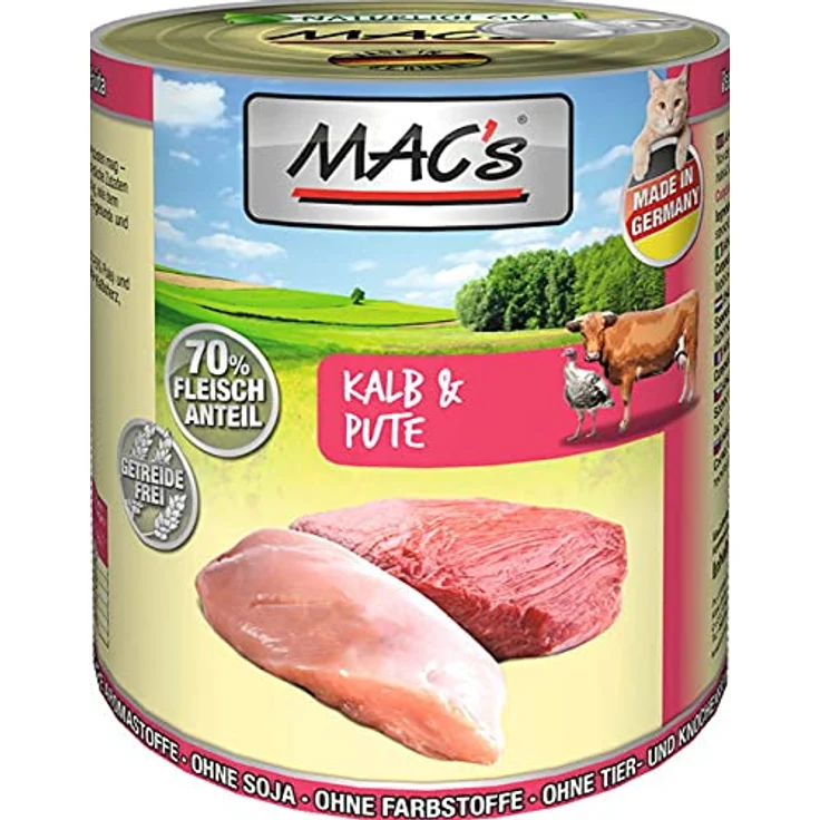 MAC's Cat Kalb und Pute, Getreidefreies Katzen-Nassfutter mit hohem Fleischanteil, 6x800g – Bild 2