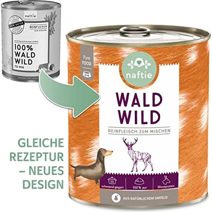 naftie Premium Hundefutter 100% Wald Wild, Reinfleisch Nassfutter für Hunde, glutenfrei & getreidefrei, 800g Dose – Bild 2