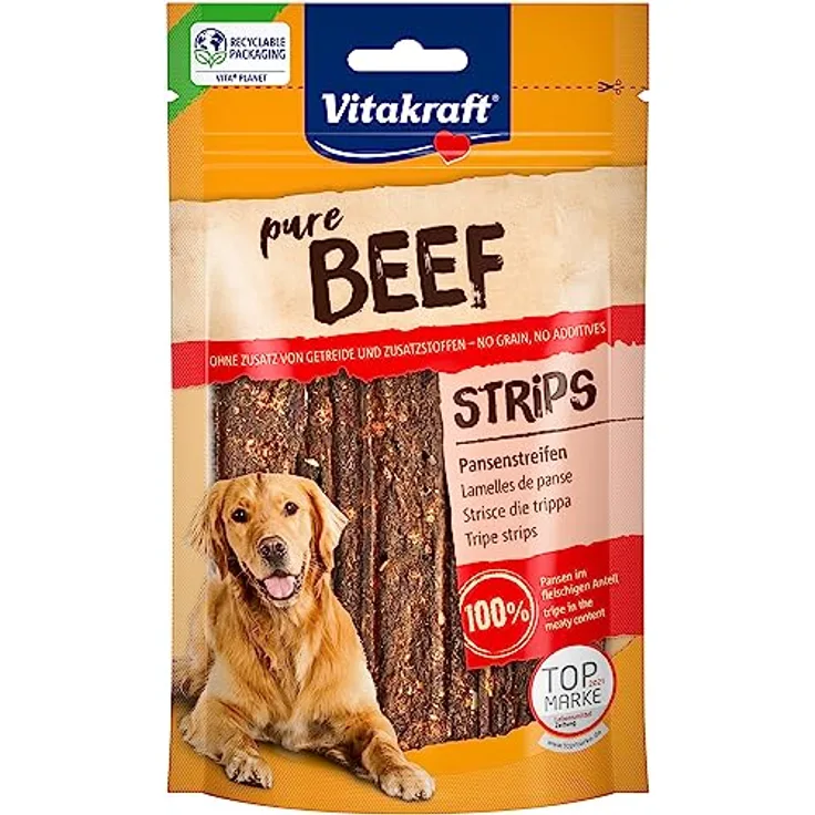Vitakraft Pure Beef Strips, Hundeleckerli aus 100% Rind-Pansen, ohne Zuckerzusatz, 80g wieder verschließbarer Beutel