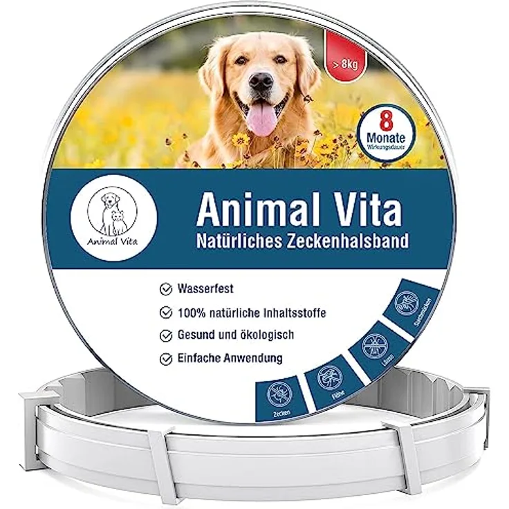 Animal Vita® Zeckenhalsband für Hunde, wasserdicht und größenverstellbar, 100% natürliche Inhaltsstoffe, bis zu 8 Monate Schutz vor Ungeziefer