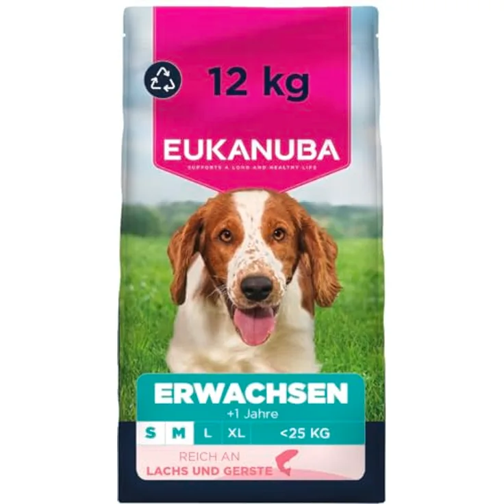 Eukanuba Hundefutter Trocken mit Lachs und Gerste, Premium für kleine und mittelgroße Rassen, 12 kg, mit L-Carnitin und DentaDefense