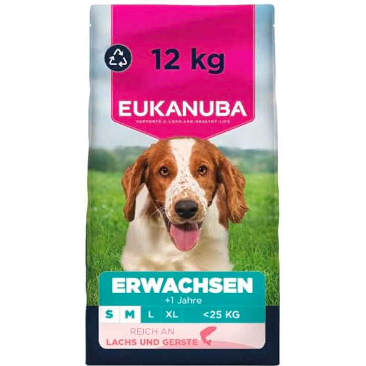 Eukanuba Hundefutter Trocken mit Lachs und Gerste, Premium für kleine und mittelgroße Rassen, 12 kg, mit L-Carnitin und DentaDefense – Bild 1