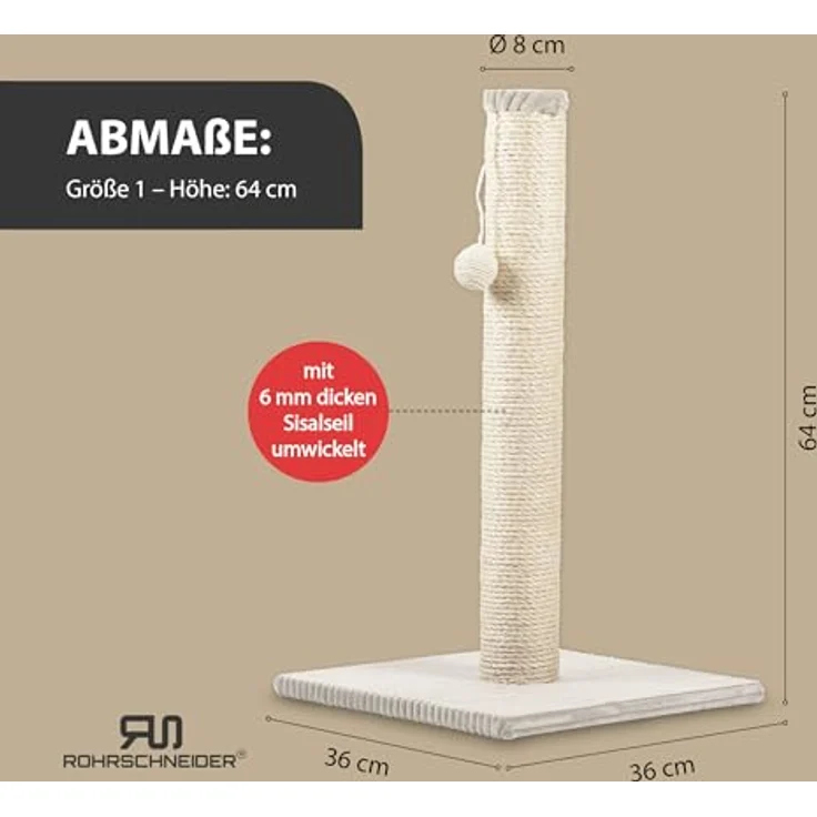 Rohrschneider Kratzbaum Stamm L, Kratzsäule mit Spielkugel, Sisalstärke 6 mm, Bodenplatte mit Cordüberzug, Höhe 64 cm, beige – Bild 3