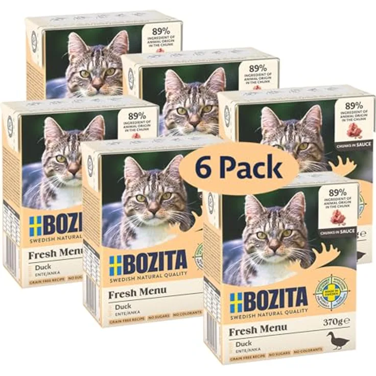 Bozita Tetra Häppchen in Sauce mit DUCK, 6x370g getreidefreies & zuckerfreies Premium-Katzenfutter, 7,5% Protein, ohne Gentechnik, für Feinschmecker