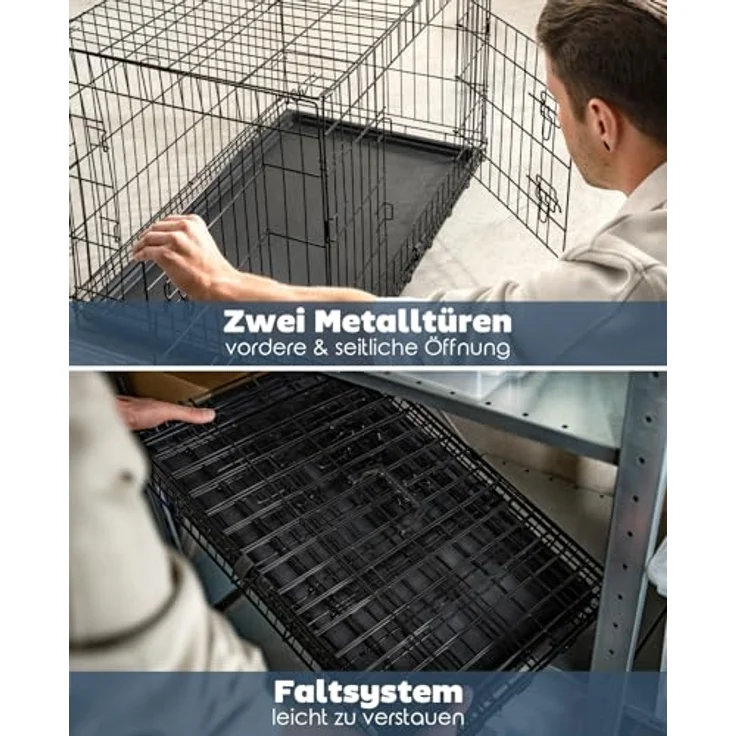 lionto Tiertransportbox für Hunde und Katzen, 92x58x64 cm, vielseitiger Metallkäfig mit Hygiene-Kunststoffwanne, Sicherheitsverschlüssen & Trennwand, schwarz – Bild 4