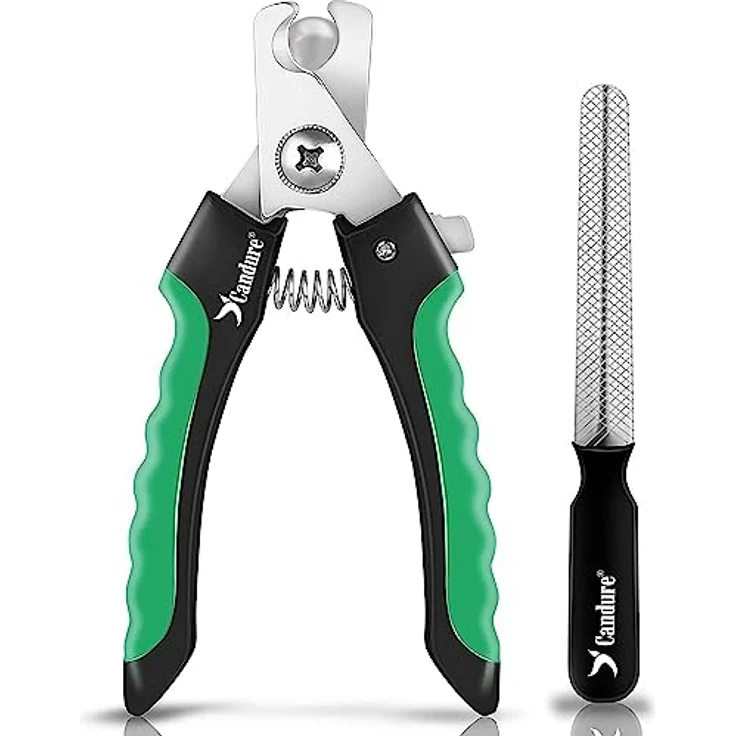Candure Profi Krallenschere für Hunde und Katzen, Edelstahl Krallenzange mit Nagelfeile und Sicherheitsschutz, ergonomisch und rutschfest, Klein (S), Grün – Bild 1