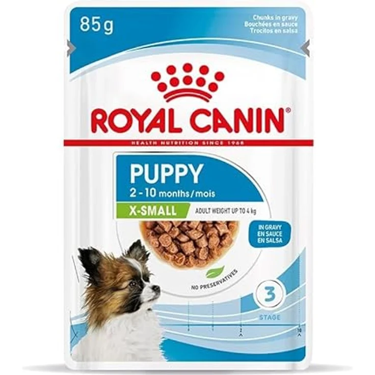 ROYAL CANIN X-Small Puppy, Feuchtnahrung für kleine Hundewelpen, 12 x 85 g, mit Häppchen in Soße, bis 10 Monate, nährstoffreiche Rezeptur – Bild 3