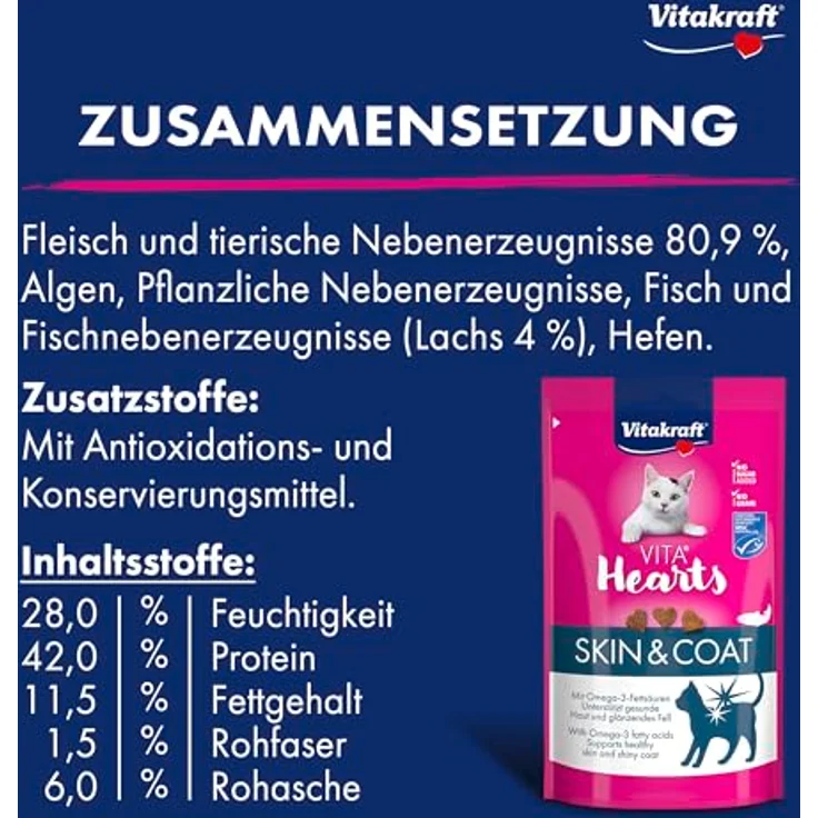 Vitakraft Vita Hearts, Skin and Coat, Softer Katzensnack mit Lachs, für gesunde Haut und glänzendes Fell, 40g – Bild 3