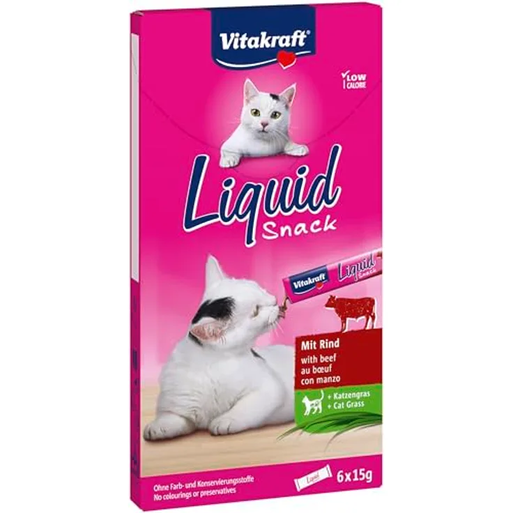 Vitakraft Liquid Snack, Katzen Leckerli mit Rind und Katzengras, cremig, für gesunde Darmflora, 6x15g Sachets