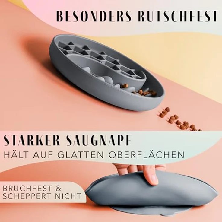 ne&no® Anti Schling Napf für Hunde und Katzen, Slow Feeder mit großem Saugnapf, Leckmatte für Nass- und Trockenfutter, grau-blau – Bild 4
