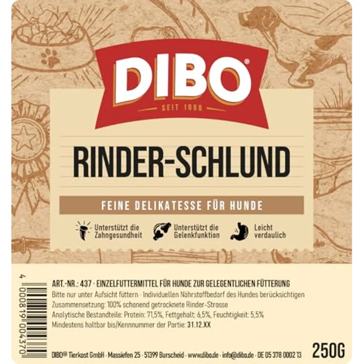 DIBO Rinder-Schlund/Rinder-Strosse, geschnitten 250g – 100% natürlicher Kausnack für Hunde, fettarm und proteinreich, Unterstützung für Gelenke, ca. 10cm Stücke – Bild 5