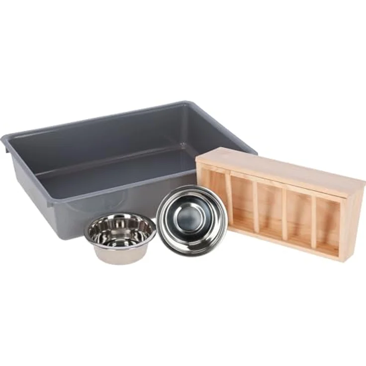 Kerbl Pet Buddel- und Futterstation, Kiefernholz, 70x36x24cm, Fressstation mit 2 Edelstahl-Näpfen für Nager, für Innen- und Außenbereich – Bild 2