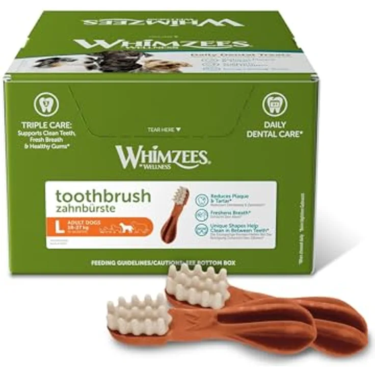 WHIMZEES Zahnbürste Größe L, glutenfreier und vegetarischer Hundesnack zur Plaque- und Zahnsteinbeseitigung, 30 Stück im Display, 1.8 kg