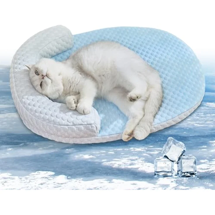 CATISM Katzenkühlbett, waschbar, 60 x 46 cm mit U-förmigem Kopfkissen, kühlende Matte für Katzen und Hunde, rutschfeste Unterseite – Bild 2