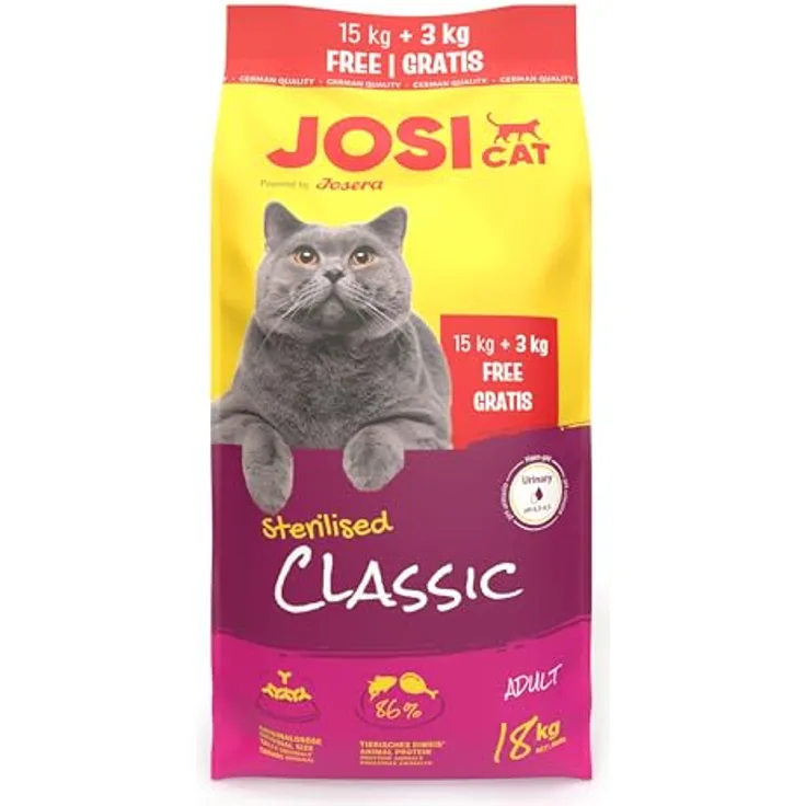 JosiCat Sterilised Classic, Premium Trockenfutter für kastrierte Katzen, 15 + 3 kg, wenig Fett und viel Protein, Alleinfuttermittel, made in Germany