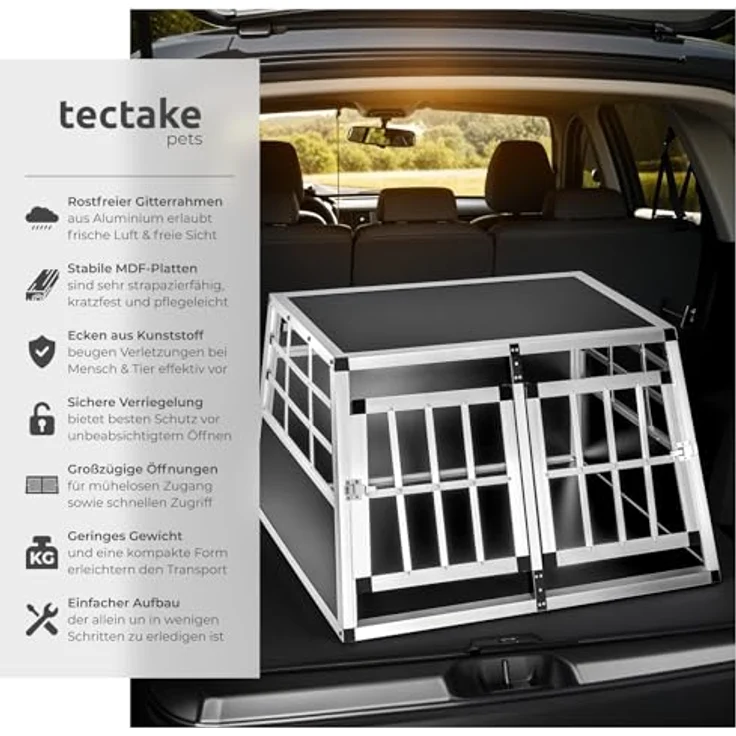 tectake® Hundebox Auto, Aluminium Doppel Hundetransportbox für bis zu 2 Hunde, leicht und stabil, 89 x 69 x 50 cm – Bild 2
