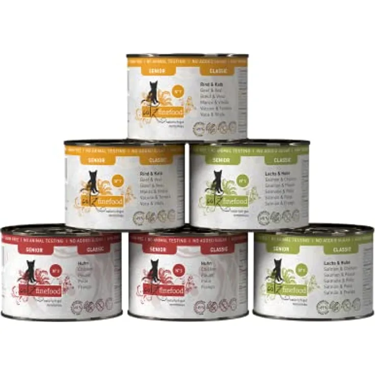 catz finefood Senior Collection Katzenfutter nass - 6 x 200g Dosen, getreidefrei, hoher Fleischanteil über 91%, für ältere Katzen mit Vitaminen & Mineralien