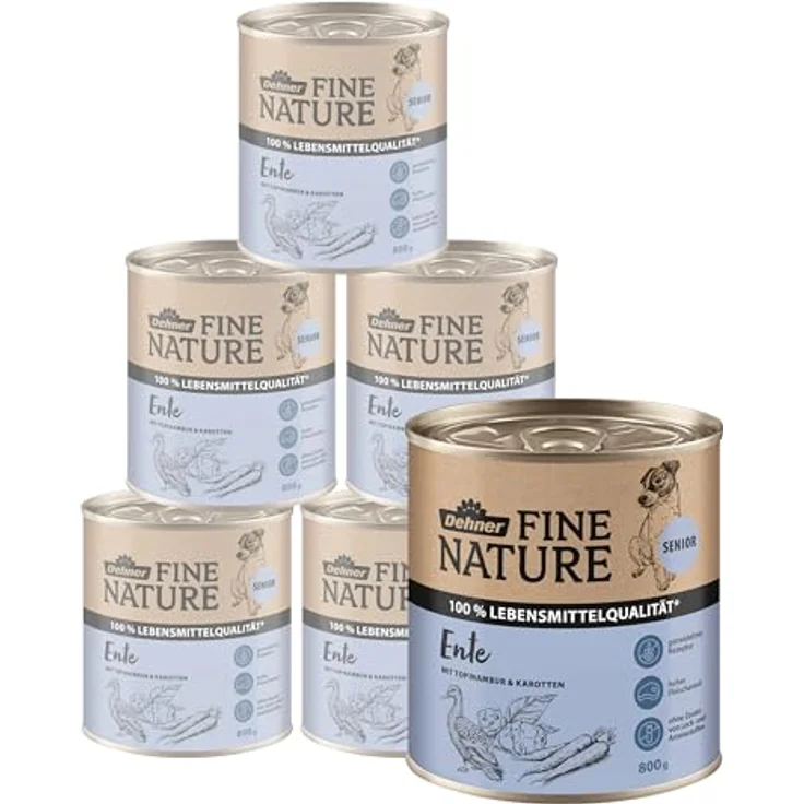 Dehner Fine Nature Hundefutter, Nassfutter in Lebensmittelqualität für ältere Hunde, Ente mit Topinambur und Karotten, 6 x 800 g Dose (4.8 kg) – Bild 1