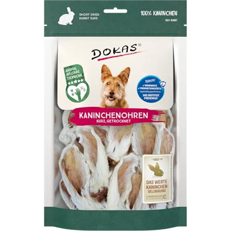 DOKAS Kaninchenohren mit Fell, Getreidefreier Premium Natursnack für kleine Hunde, 100 g
