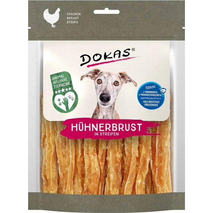 Dokas Tierwohl Hühnerbrust in Streifen, fettarmer Hundesnack mit hohem Fleischanteil, 170g