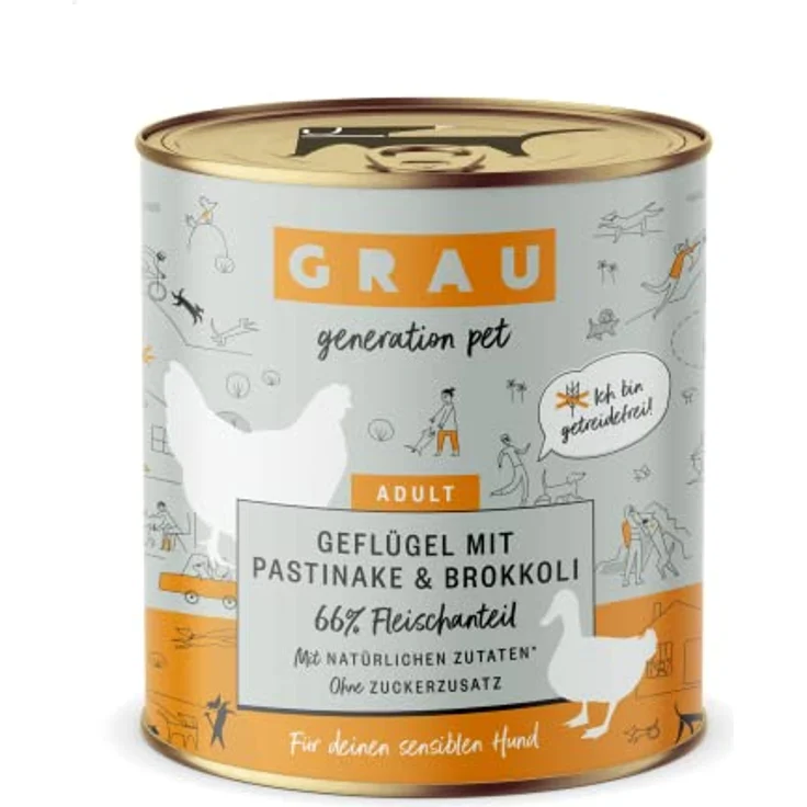 GRAU – das Original Nassfutter für Hunde, Geflügel mit Pastinake/Brokkoli, 6er Pack (6 x 400 g), getreidefrei, leicht verdaulich für sensible Erwachsene Hunde – Bild 1