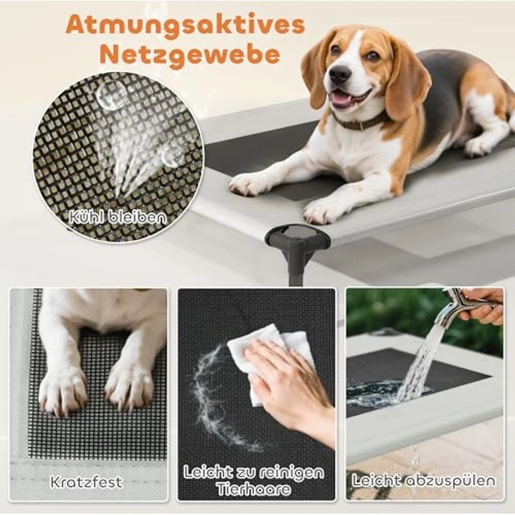 PawHut Hundeliege Outdoor mit Dach, erhöhtes Hundebett für mittelgroße Hunde, atmungsaktiv und kühlend, 76x61x70cm, Hellgrau – Bild 5