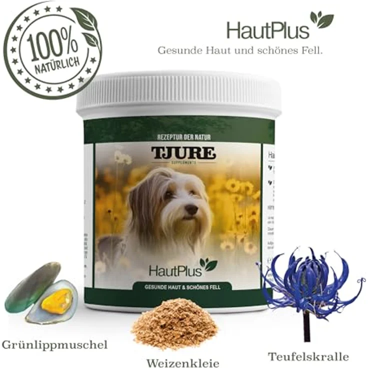 TJURE Haut Plus 500 g, Pulver mit Omega 3 & Bierhefe für Hunde, zur Unterstützung von Haut & Fell, mit Mineralstoffen & pflanzlichen Inhaltsstoffen – Bild 3