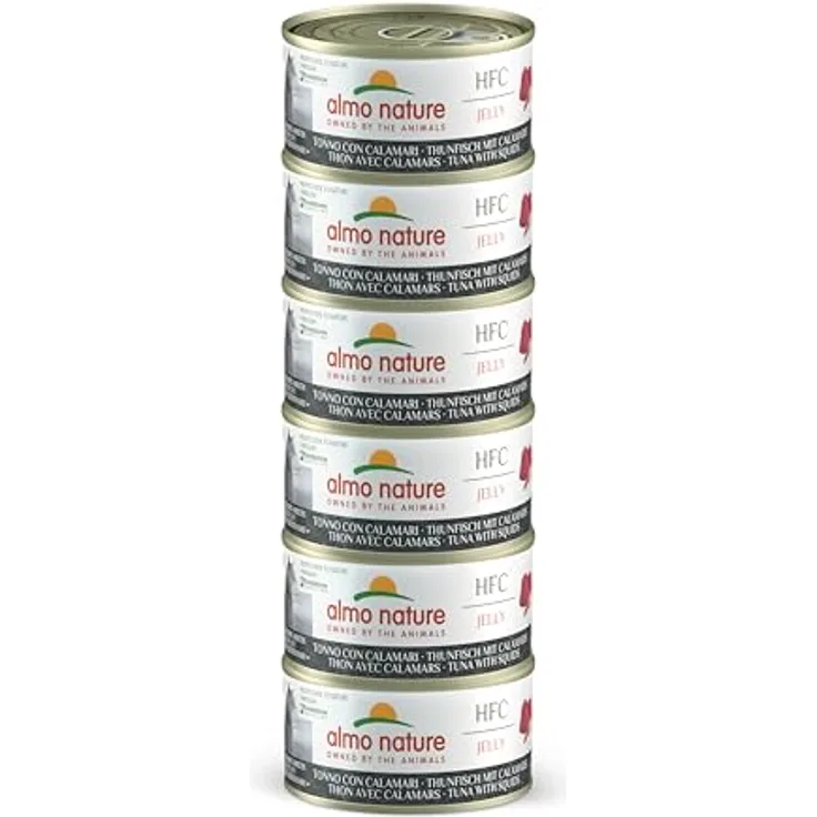 Almo Nature HFC Jelly - Nassfutter für ausgewachsene Katzen - Thunfisch & Calamari, Human Grade, Glutenfrei, 100% natürlich, 6 x 70g