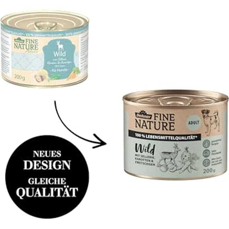 Dehner Fine Nature Hundefutter, Nassfutter in Lebensmittelqualität für ausgewachsene Hunde, Wild mit Sellerie und Karotten, 6 x 200 g Dose (1.2 kg) – Bild 4