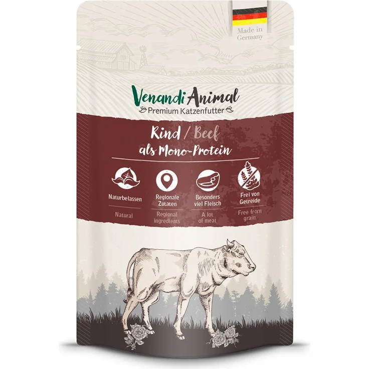 Venandi Animal Katzen-Nassfutter Rind, Monoprotein, 12x125g, hohe Verträglichkeit und natürliche Zutaten