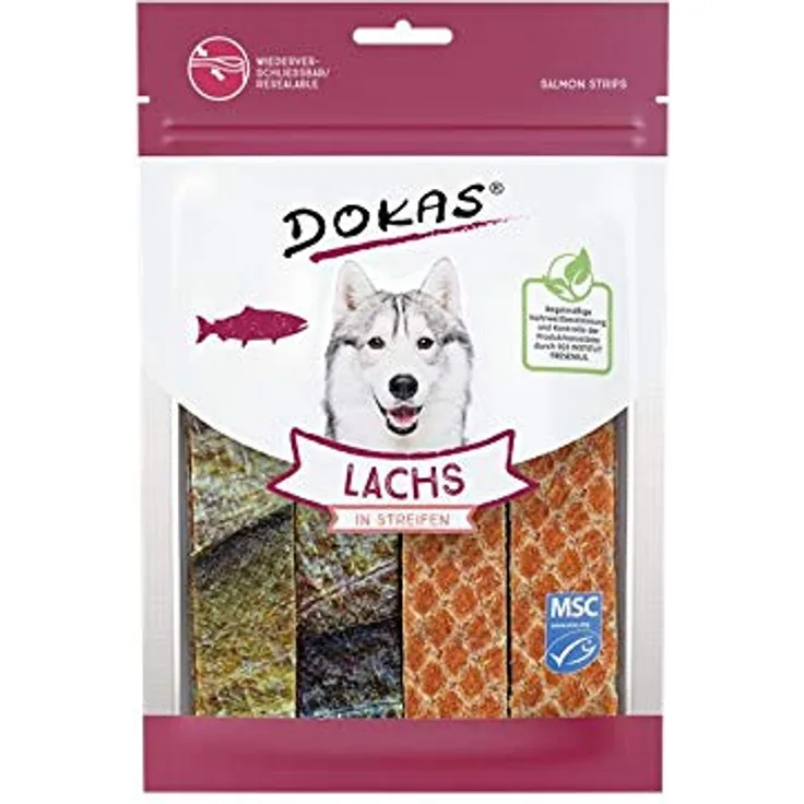 Dokas Dog Lachs in Streifen, Hunde-Trockenfutter mit 85% Lachs, 100 g (Menge: 8), zahnpflegende Snacks mit Omega-3-Fettsäuren