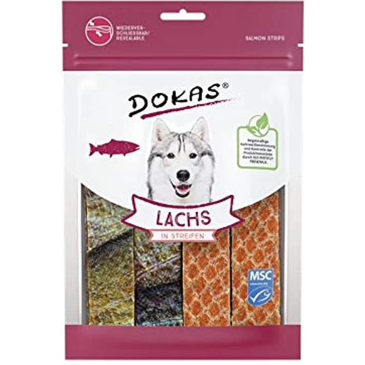 Dokas Dog Lachs in Streifen, Hunde-Trockenfutter mit 85% Lachs, 100 g (Menge: 8), zahnpflegende Snacks mit Omega-3-Fettsäuren