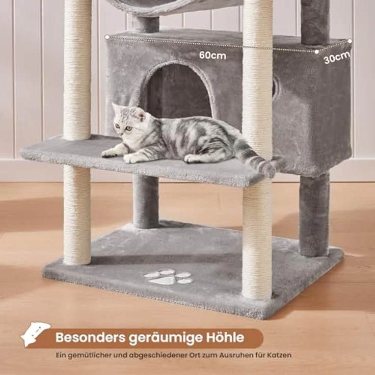 MSmask Kratzbaum groß XXL, stabiler Katzenbaum mit 3 Aussichtsplattformen, 2 Höhlen und Sisalsäulen, Hellgrau – Bild 4