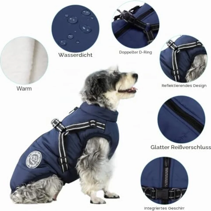 Savlot Hundejacke Wintermantel, wasserdichte Jacke mit Reißverschluss und Brustgurt, schwarz, XS – Bild 3