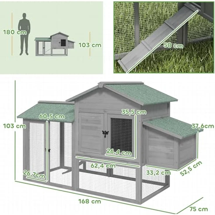 PawHut Hühnerstall Hühnerhaus mit Freilaufgehege, Nistkasten, Rampe und herausziehbarem Tablett, für 2-4 Hühner, grau – Bild 7