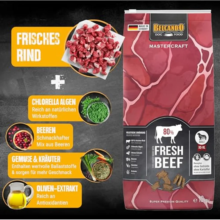 BELCANDO MASTERCRAFT Hundefutter trocken Fresh Beef, 10kg, 80% Frischfleisch, getreidefrei, für alle Rassen, Made in Germany – Bild 4